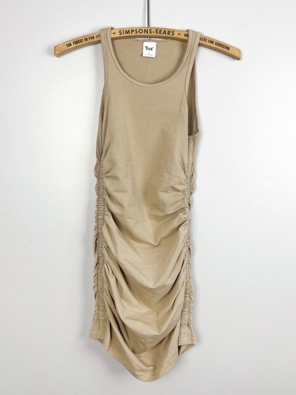Aritzia Tna Dress XS Fluent Taupe Ruched Bodycon Mini Dress Festival
